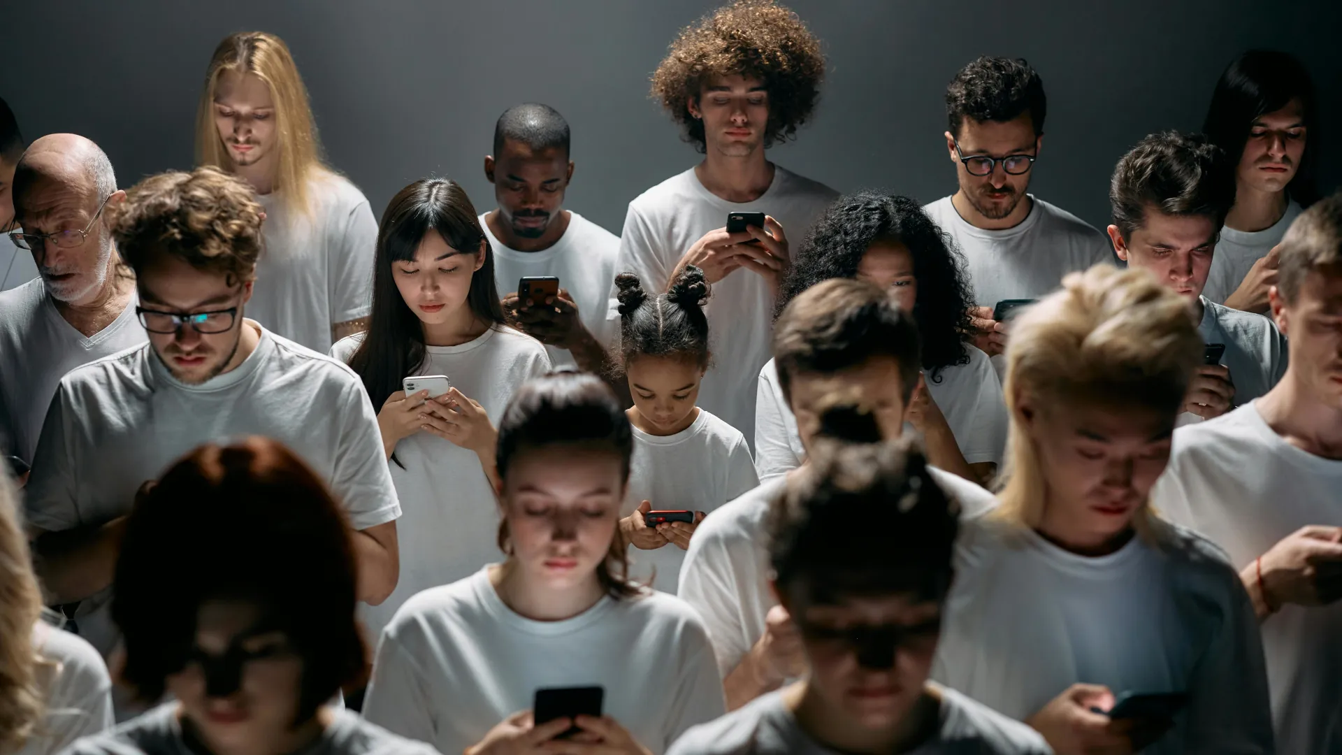 A group of people who are all looking at their mobile phones, a modern addiction for society.
